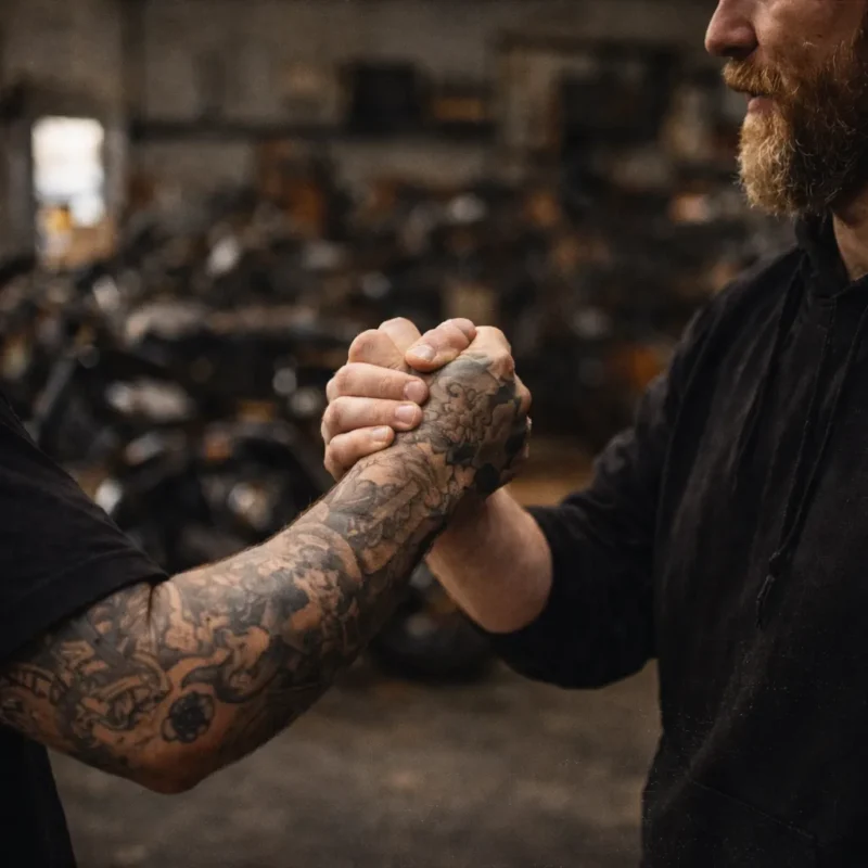 Dos miembros de la comunidad biker se estrechan la mano